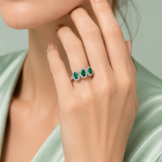 Sinara Emerald Trinity 925 Silver Ring IRM 3754