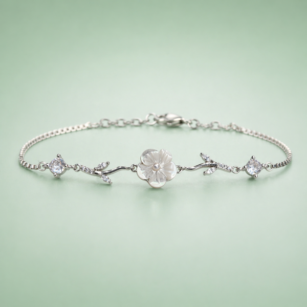 925 Silver Floral Pearl Charm Bracelet