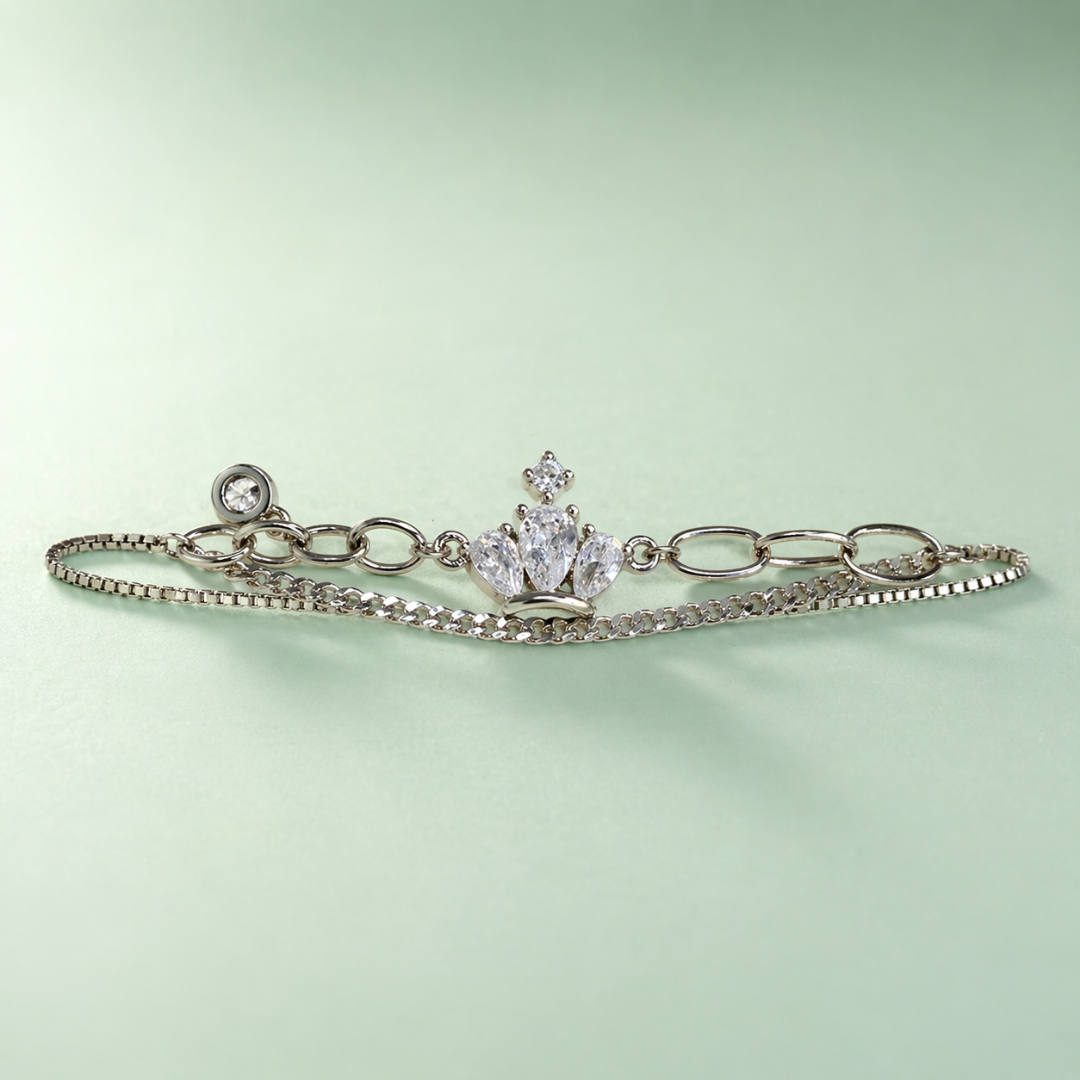 925 Silver Crown Charm Bracelet with Dual Chain Design SBR2907