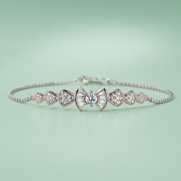 925 Silver Bow Sparkle Bracelet with Heart Accents