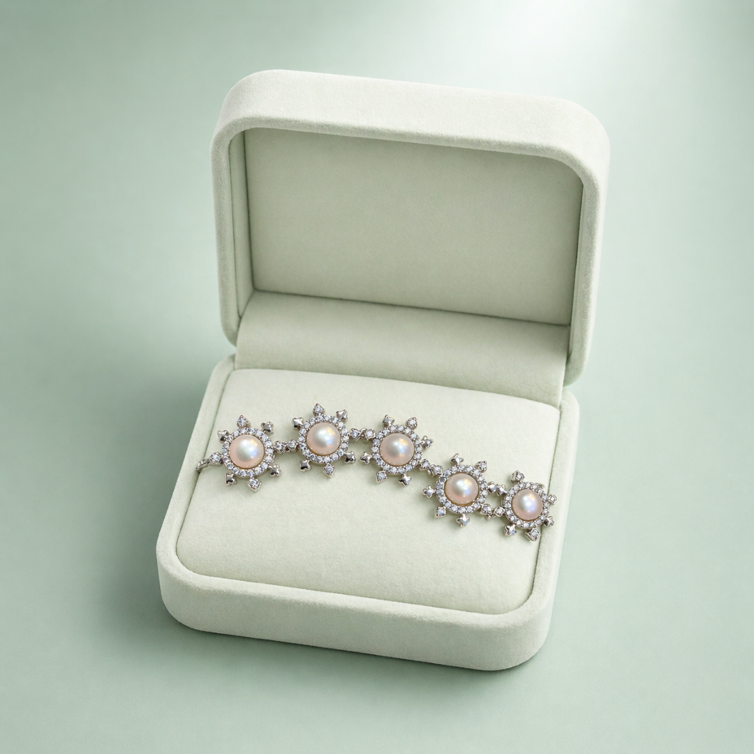 Pearl Floral Crystal Designer Bracelet in Silver Finish -