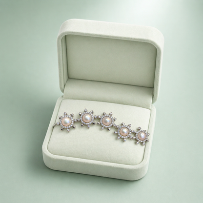 Pearl Floral Crystal Designer Bracelet in Silver Finish -
