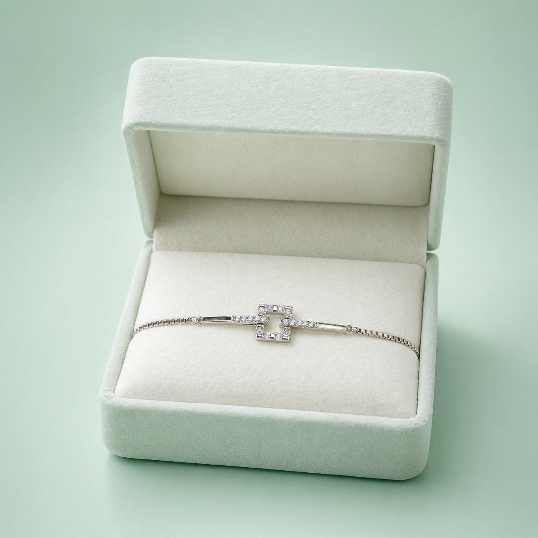Minimal Square Crystal Chain Bracelet in Silver Finish
