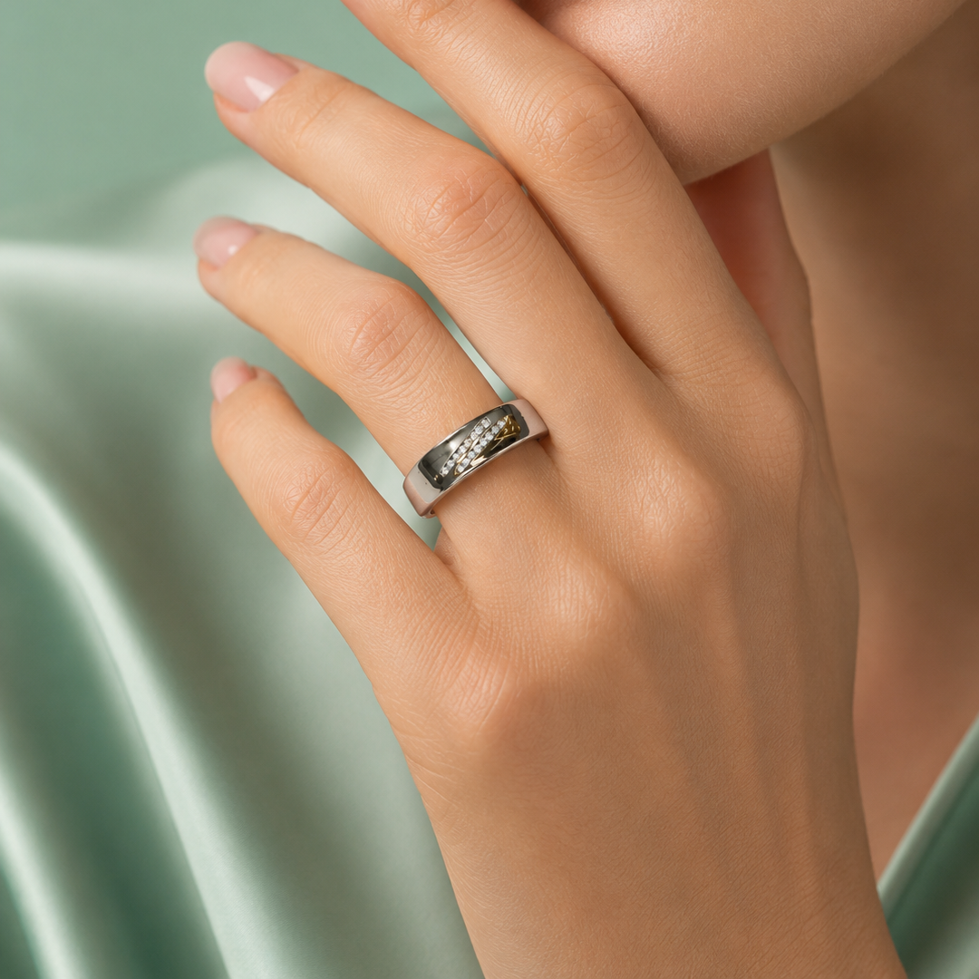 Premium Sterling Silver Two-Tone Crisscross Crystal Ring – Modern Luxury Statement Band IRM 4119