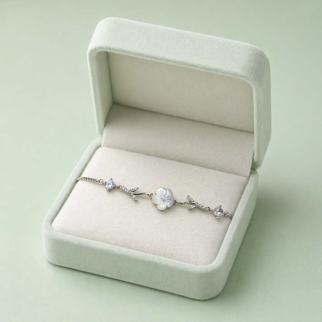 Floral Charm 925 Sterling Silver Bracelet with Crystal Accents SBR2886