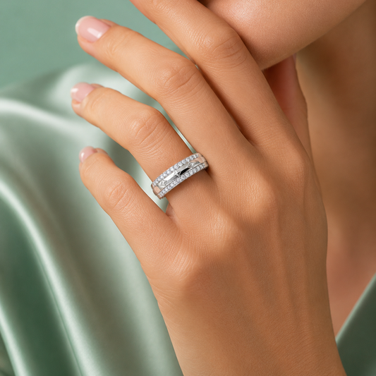 Premium Sterling Silver Dual Pavé Starburst Band Ring – Luxury Unisex Statement Wedding Ring IRM 3947