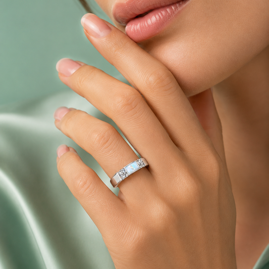 Premium Sterling Silver Opal & Pavé Crystal Band Ring – Luxury Minimalist Statement Ring IRM4195