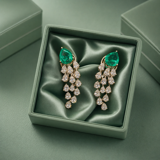 Emerald Teardrop Diamond Cascade Earrings in 925 Sterling Silver STB1430