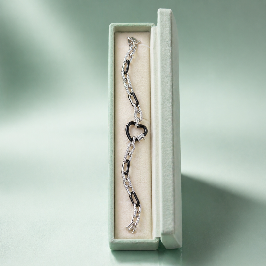 Black Heart Link Zircon 925 Sterling Silver Bracelet SBR2787