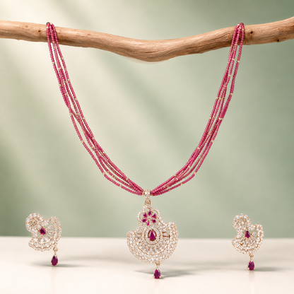 Ruby Beaded Multi-Layer Necklace Set with Pendant & Earrings SET799
