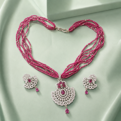 Ruby Beaded Multi-Layer Necklace Set with Pendant & Earrings SET799