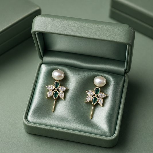 Pearl Floral Emerald Drop Earrings in 925 Sterling Silver STB1552