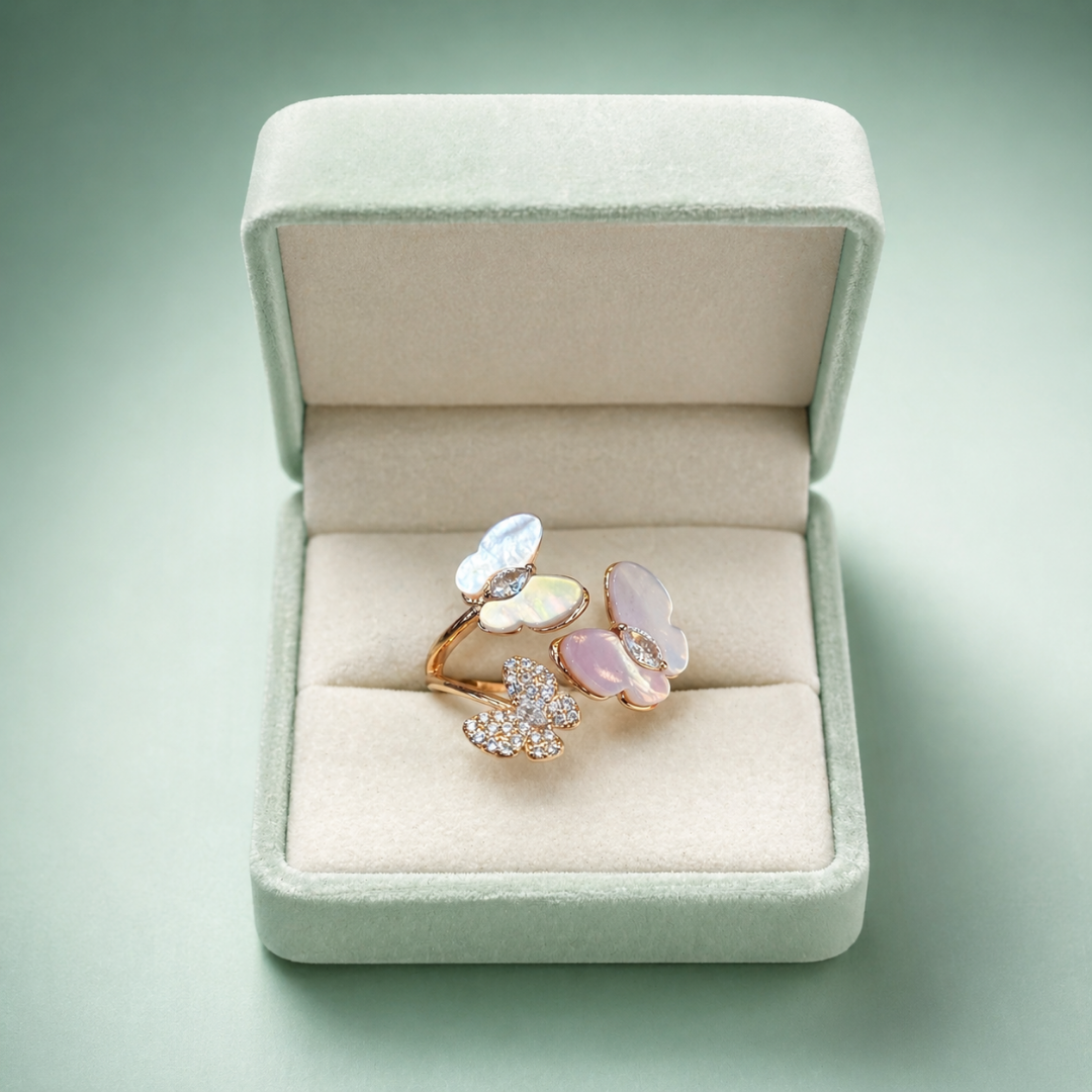 925 Silver Butterfly Blossom Adjustable Ring (Rose Gold Finish) IRM4036