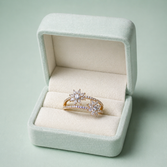 925 Silver Double Flower Adjustable Ring (Gold Finish) IRM4005
