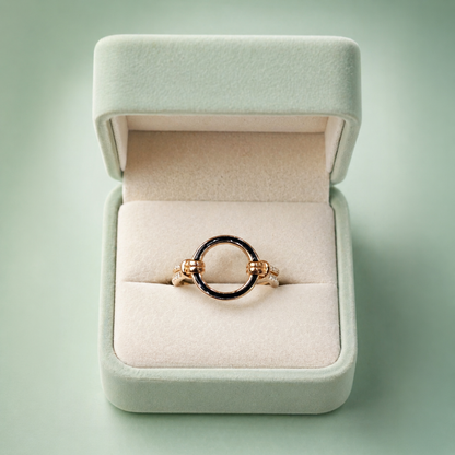 925 Silver Minimal Circle Adjustable Ring (Gold & Black Enamel) IRM4039