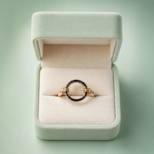925 Silver Minimal Circle Adjustable Ring (Gold & Black Enamel) IRM4039