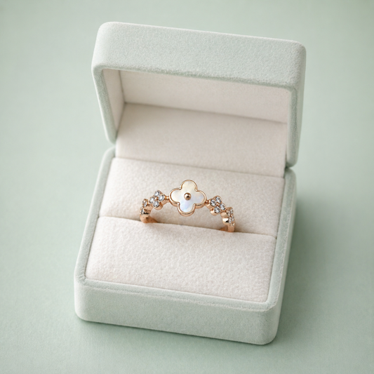 925 Silver Clover Mother of Pearl Adjustable Ring (Gold Finish) IRM4044