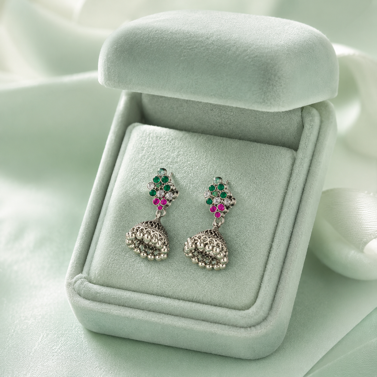 Emerald Bloom 925 Silver Jhumka Earrings – Handcrafted Elegance with Vibrant Gemstone Accents STB1400