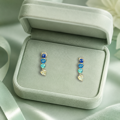 Ocean Heart Cascade Earrings – Pure 925 Sterling Silver Blue Crystal Drop Earrings STB1643