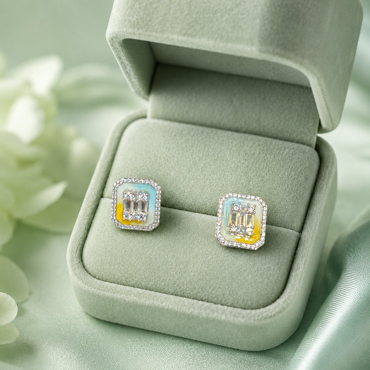 Aurora Mint Enamel Diamond Stud Earrings – Pure 925 Sterling Silver STB1711