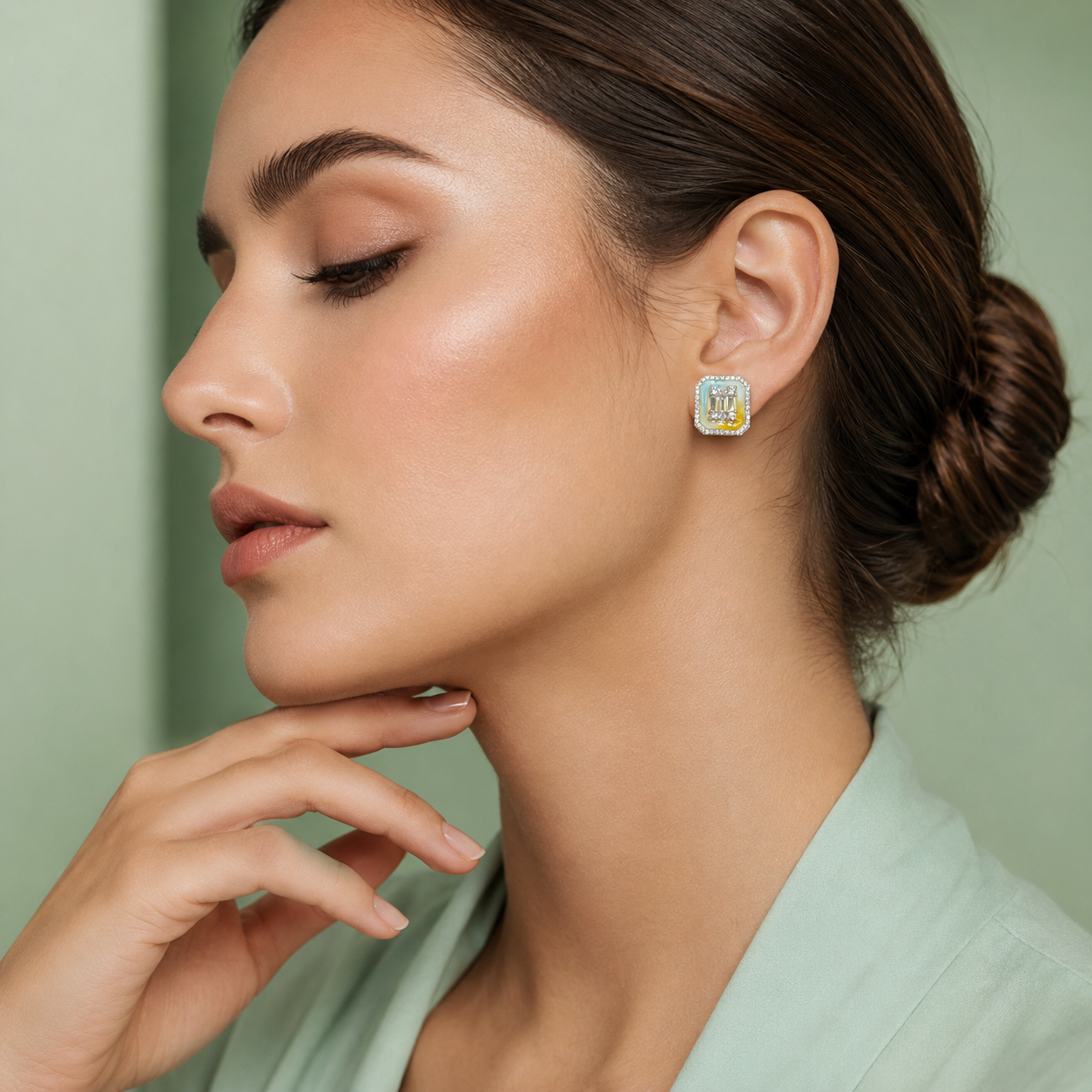 Aurora Mint Enamel Diamond Stud Earrings – Pure 925 Sterling Silver STB1711