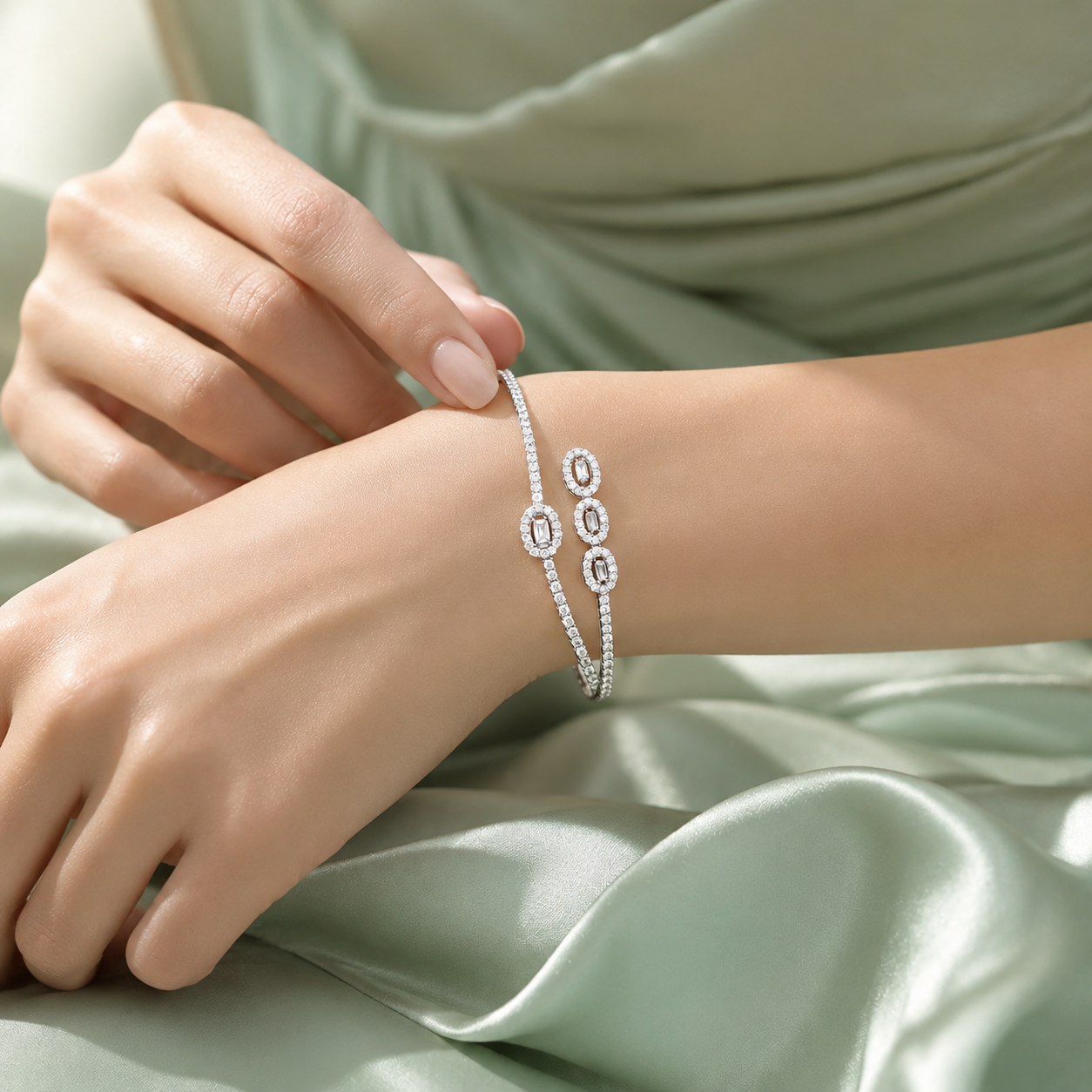 Elegant Oval Halo 925 Sterling Silver Open Cuff Bracelet for Women SBR3064