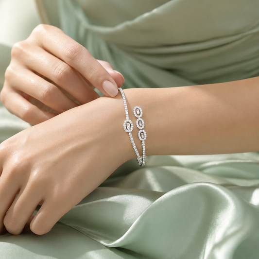 Elegant Oval Halo 925 Sterling Silver Open Cuff Bracelet for Women SBR3064