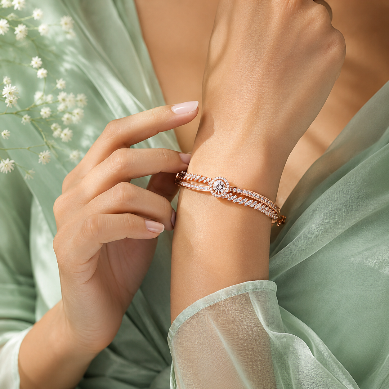 Luxury Rose Gold Halo Crystal 925 Sterling Silver Bracelet for Women  SBR2821