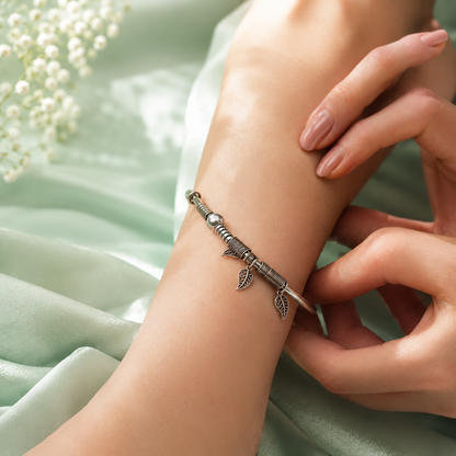 Traditional Oxidised 925 Sterling Silver Charm Bangle Bracelet for Women SBR2445
