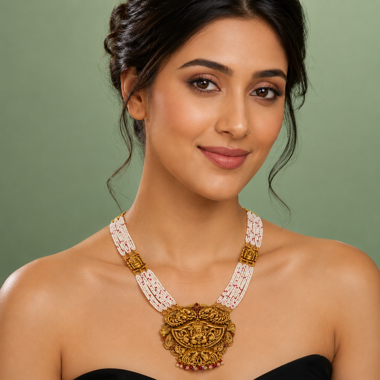 Temple Lakshmi Pearl Haar Necklace with Antique Gold Pendant SET909