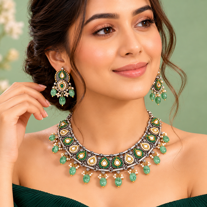 Royal Kundan Green Stone Bridal Necklace Set with Beaded Drops SET698