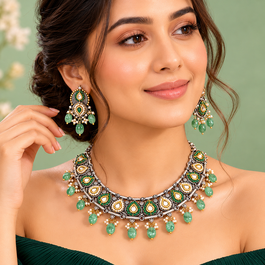 Royal Kundan Green Stone Bridal Necklace Set with Beaded Drops SET698
