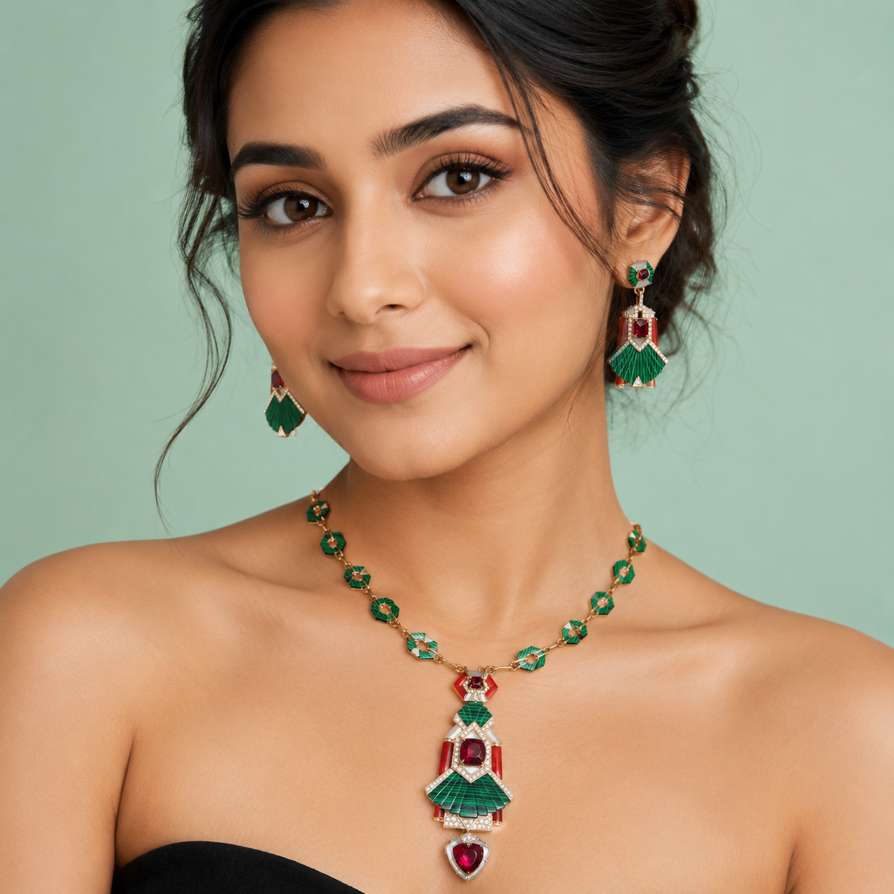 Geometric Designer Necklace Set with Green Enamel & Ruby Stone Pendant SET684