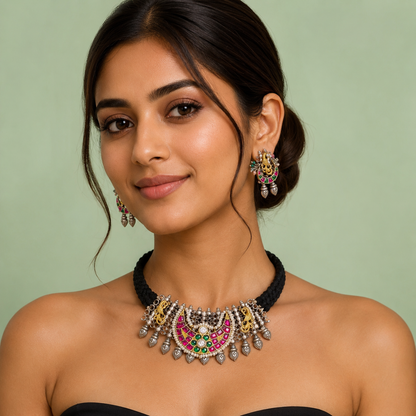 Temple Style Black Thread Choker Necklace with Peacock Motif & Multicolor Stones SET668