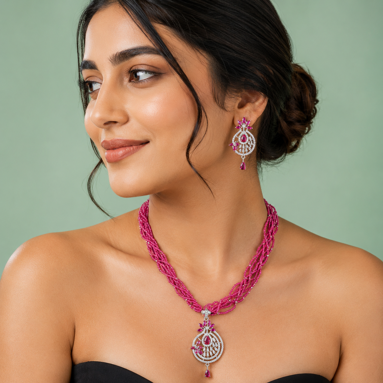 Ruby Pink Beaded Necklace Set with Diamond Finish Pendant  SET811