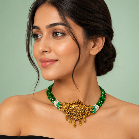 Temple Style Gold Choker Necklace with Green Beads & Peacock Motif SET912