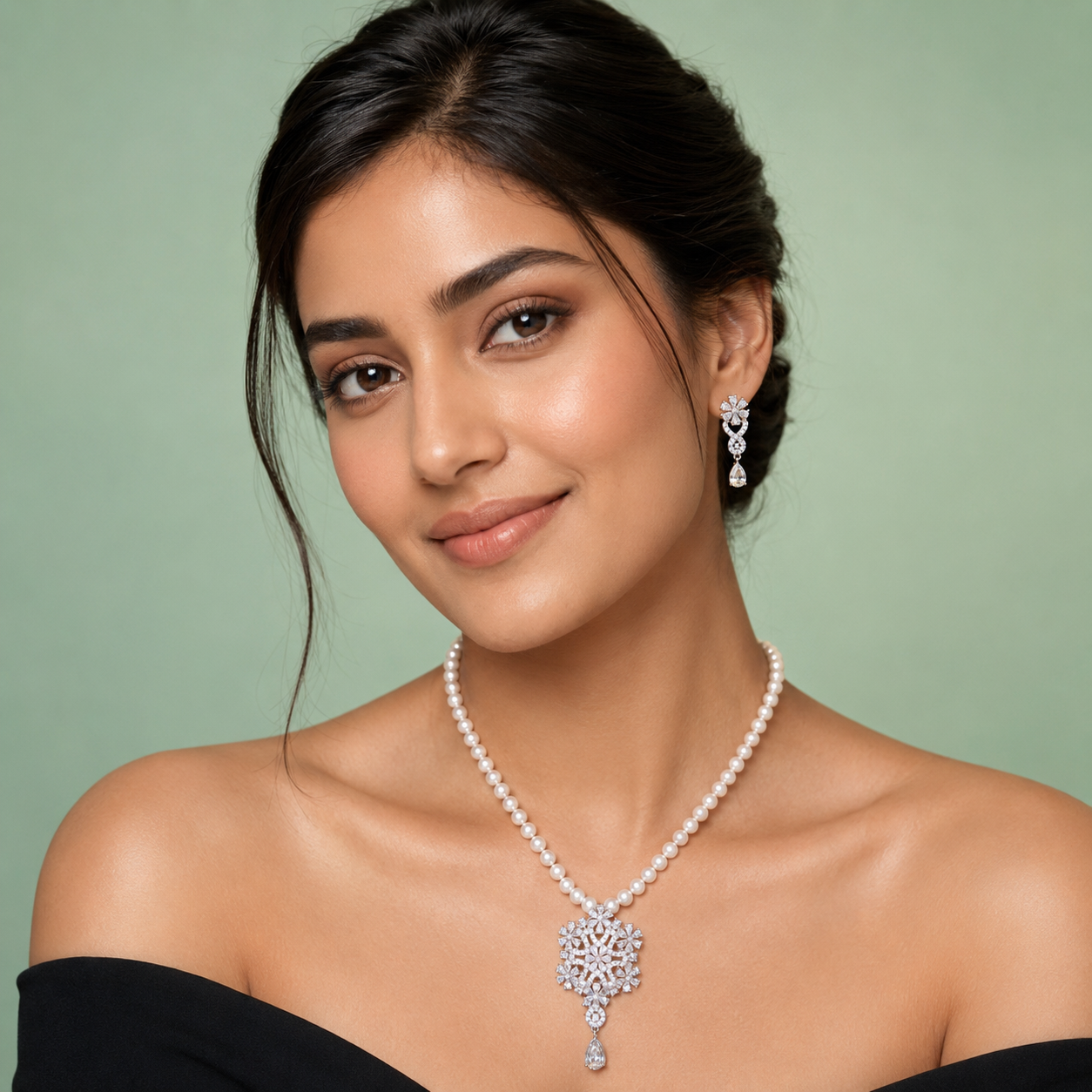 925 Silver Pearl Necklace Set with Floral Diamond Pendant SET818