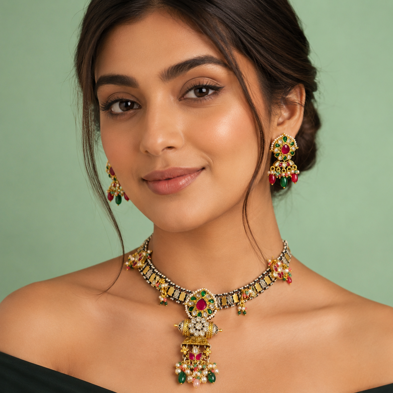 Antique Multicolor Stone Choker Necklace Set with Pearl & Bead Drops SET677
