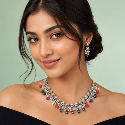 925 Silver Multi-Stone Antique Necklace Set with Pearl Detailing SET709