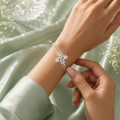 Elegant Floral Diamond Style 925 Sterling Silver Open Bracelet for Women SBR2820