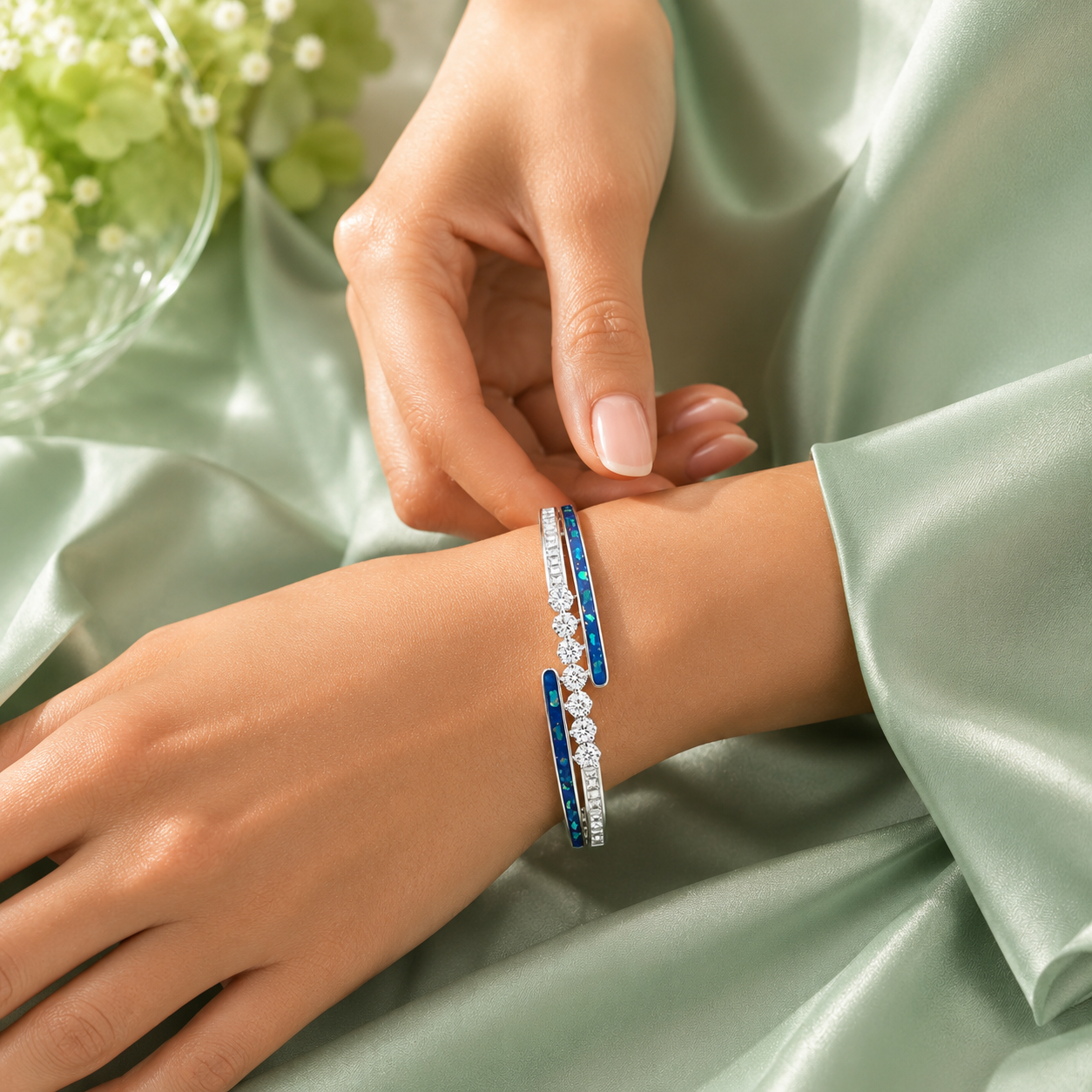 Blue Enamel Floral 925 Sterling Silver Designer Bracelet for Women SBR2825
