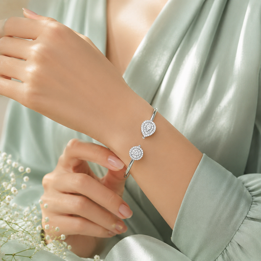 Pure 925 Sterling Silver Dual Motif Bracelet for Women – Elegant Diamond Look Open Cuff SBR2538