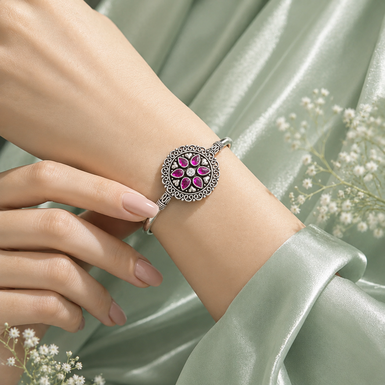 Traditional Ruby Pink Floral 925 Sterling Silver Kada Bracelet for Women SBR2454