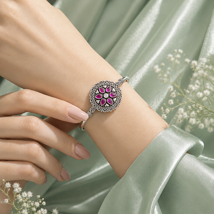 Traditional Ruby Pink Floral 925 Sterling Silver Kada Bracelet for Women SBR2454