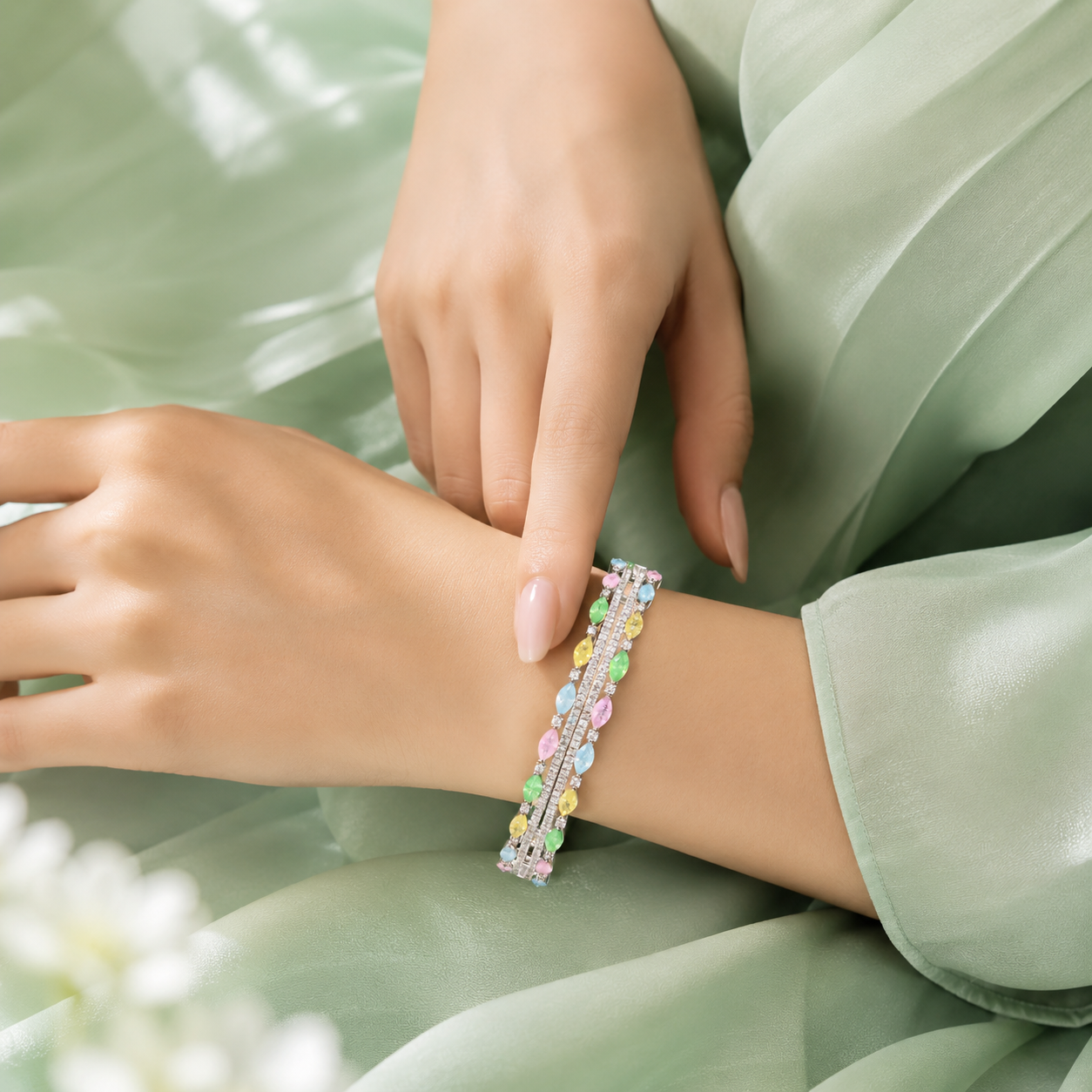 Pastel Multicolor Stone 925 Sterling Silver Designer Bracelet for Women SBR2600