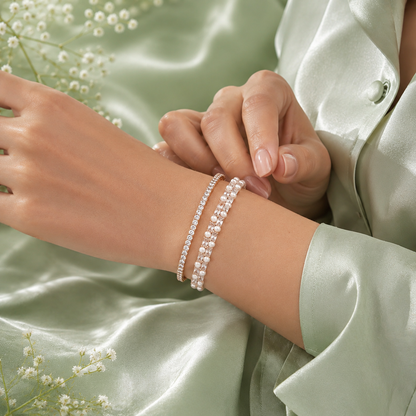 Pure 925 Sterling Silver Pearl & Zircon Bracelet Set for Women – Elegant Rose Gold Designer Bangles SBR2626