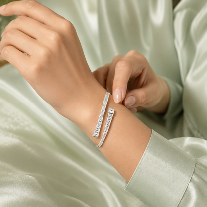 Pure 925 Sterling Silver Modern Open Bracelet for Women – Minimal Diamond Look Designer Cuff SBR2618