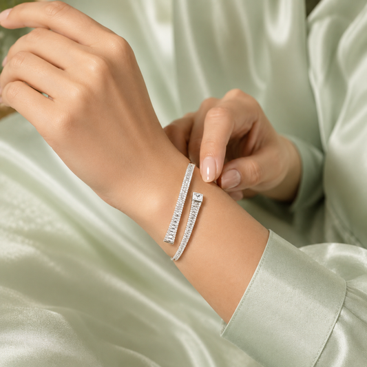 Pure 925 Sterling Silver Modern Open Bracelet for Women – Minimal Diamond Look Designer Cuff SBR2618