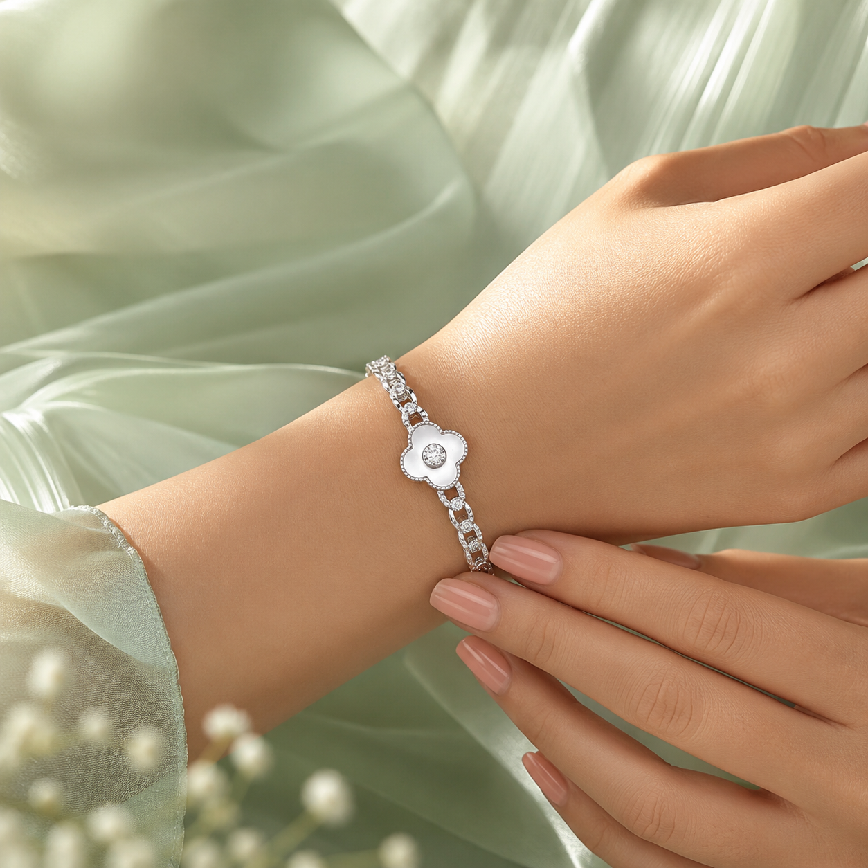 Pure 925 Sterling Silver Clover Bracelet for Women – Elegant White Enamel Designer Bracelet SBR2831