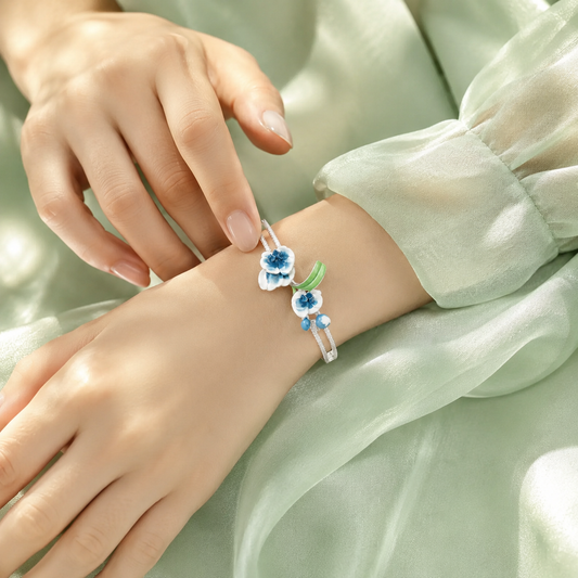 Pure 925 Sterling Silver Blue Floral Bracelet for Women – Elegant Enamel Designer Bracelet SBR2582
